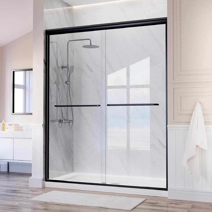Sliding bypass glass shower door with matte-black frame by Atlantic Source, Delaware