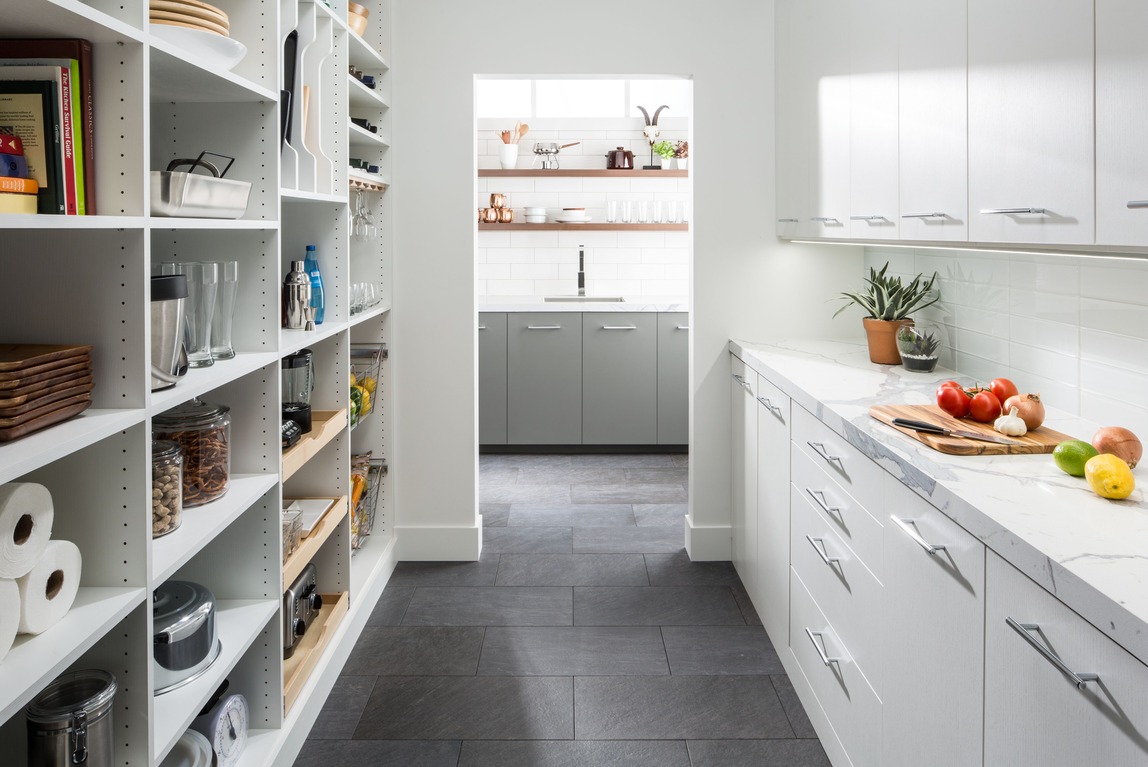 Custom walk-in pantry with pull-out shelving and deep drawers in a Georgetown, Delaware home