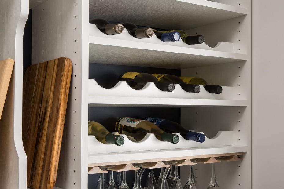Custom pantry wine rack with bottle storage and hanging stemware by Atlantic Source in Delaware