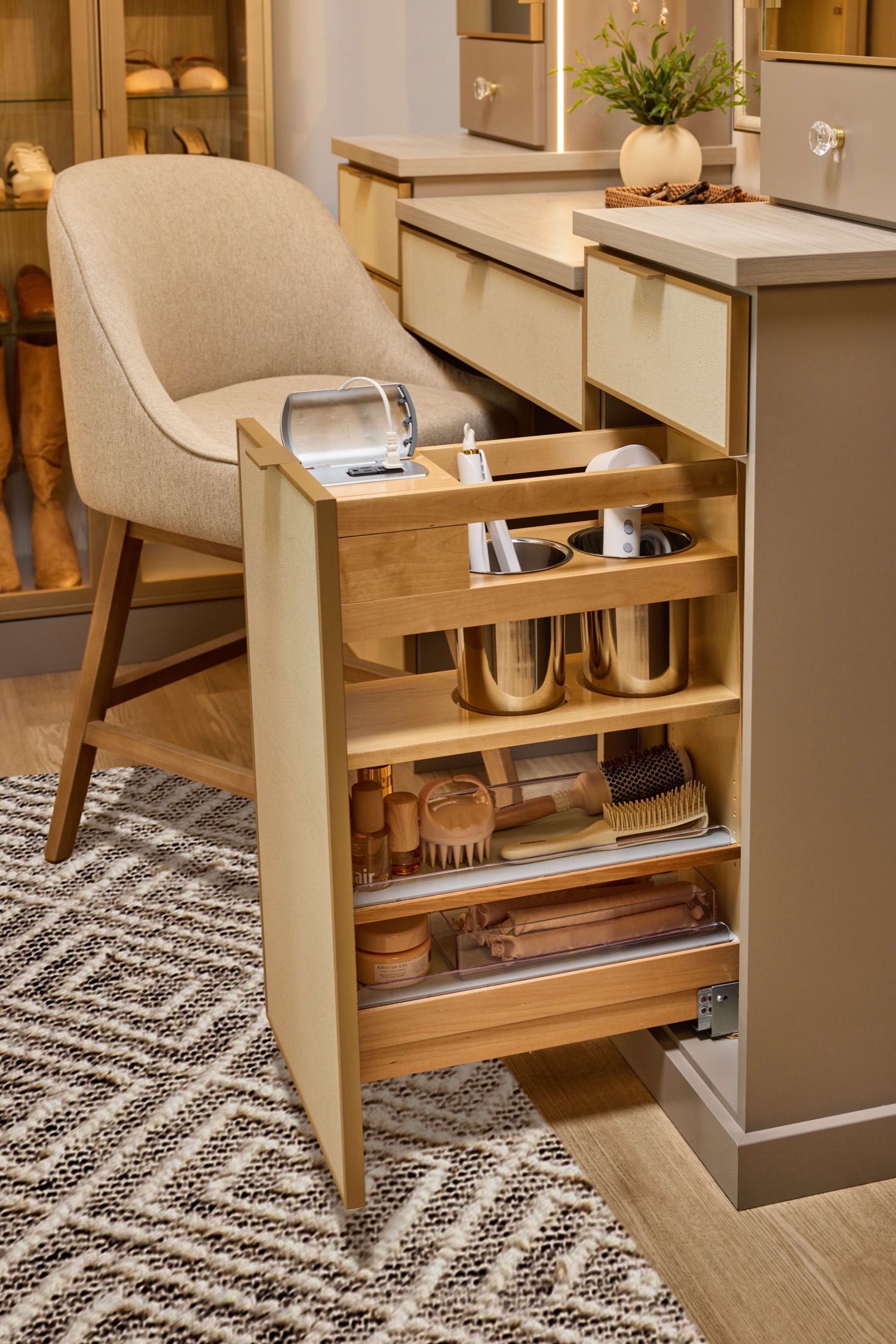 Pull-out grooming and accessory drawer with dividers in a custom Delaware closet