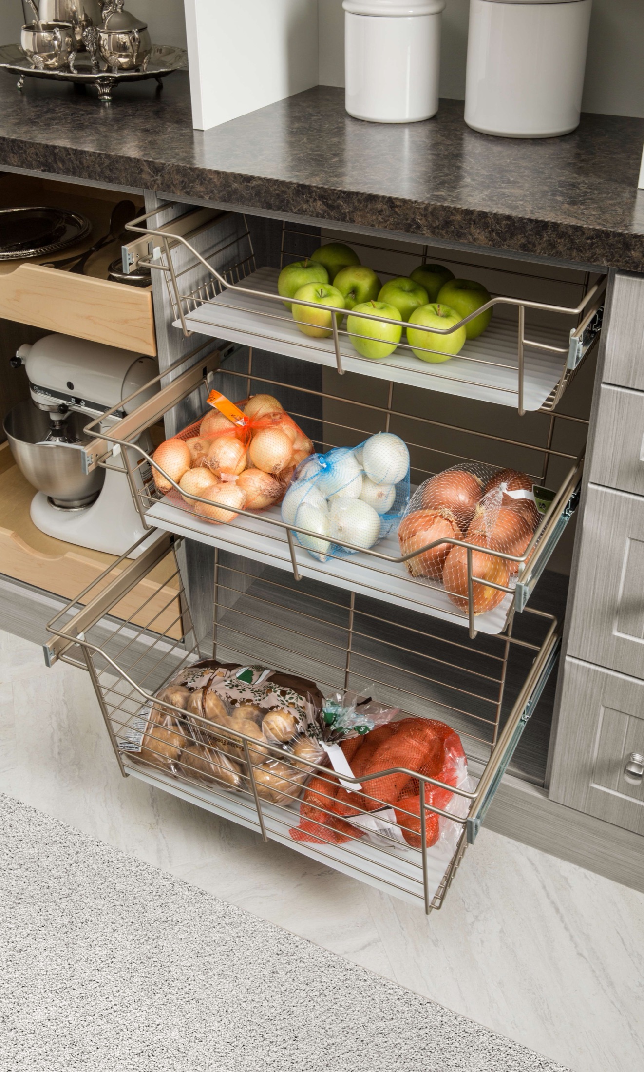 Custom pantry with pull-out shelving in a Sussex County, Delaware home